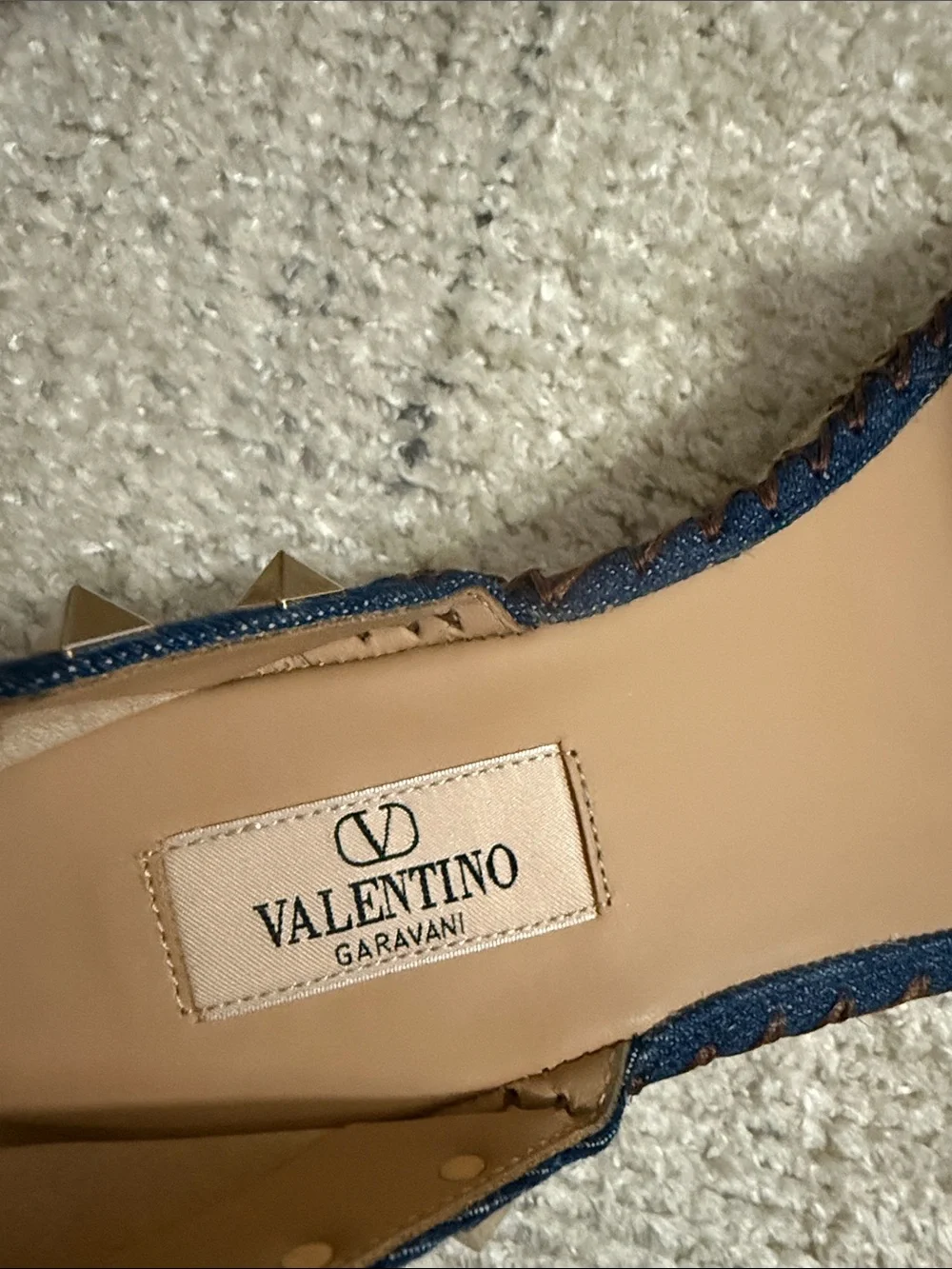 Valentino Denim Blue Espadrille Wedge Sandals with Studded Ankle Strap
